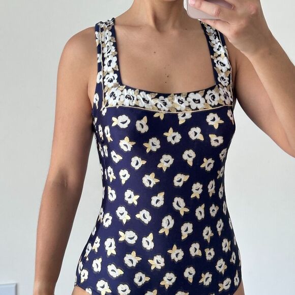 Gottex Swimsuit Medium Navy Floral Metallic Coastal One Piece Modest VTG 70s - Picture 2 of 14